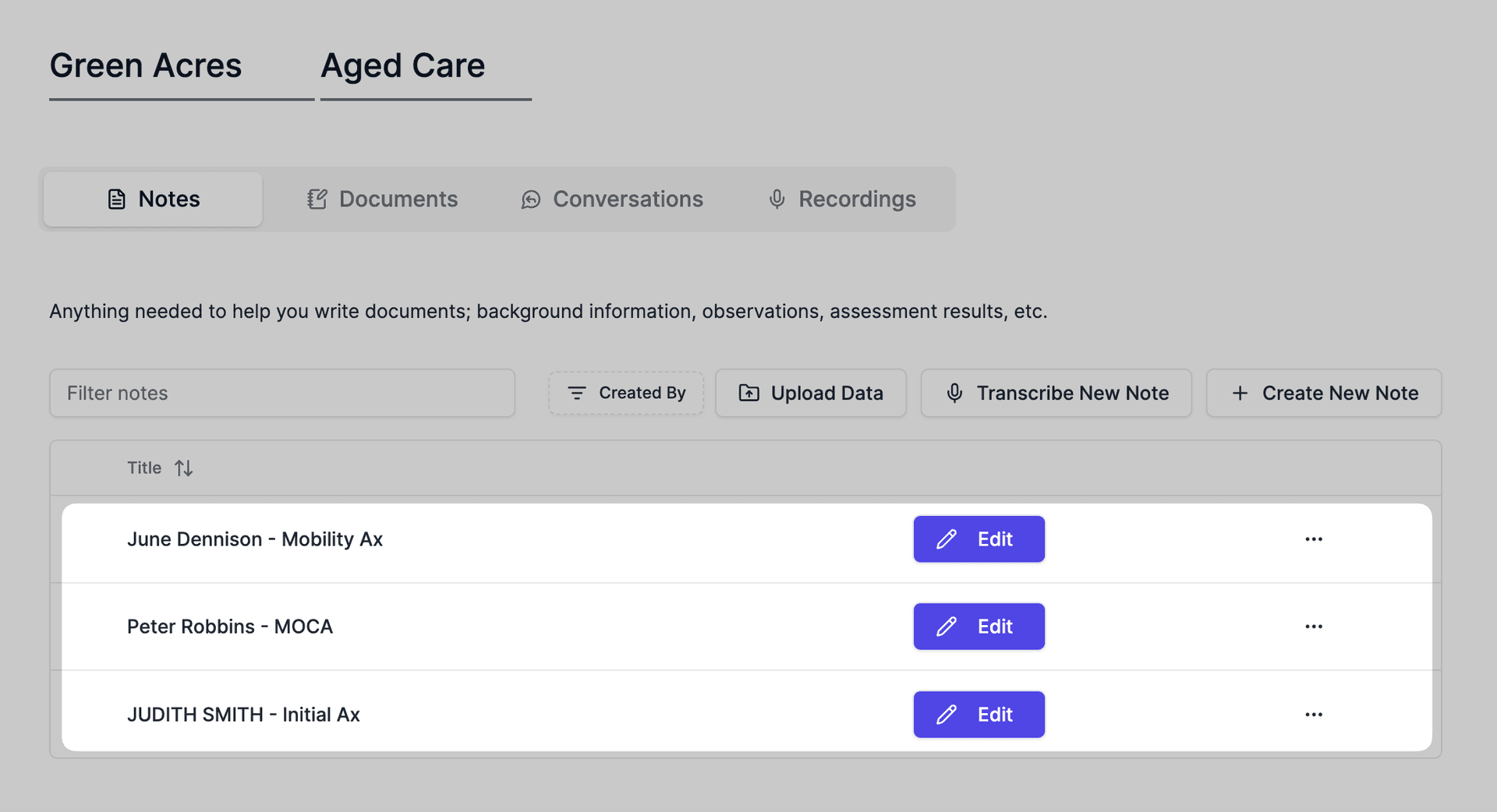 aged care client notes