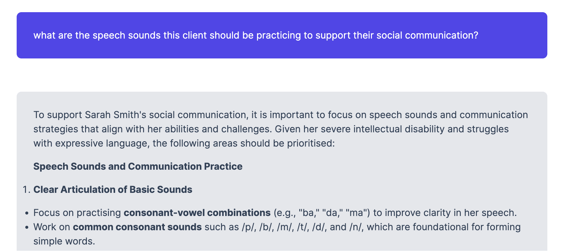 assistant example - speech sounds for social communication