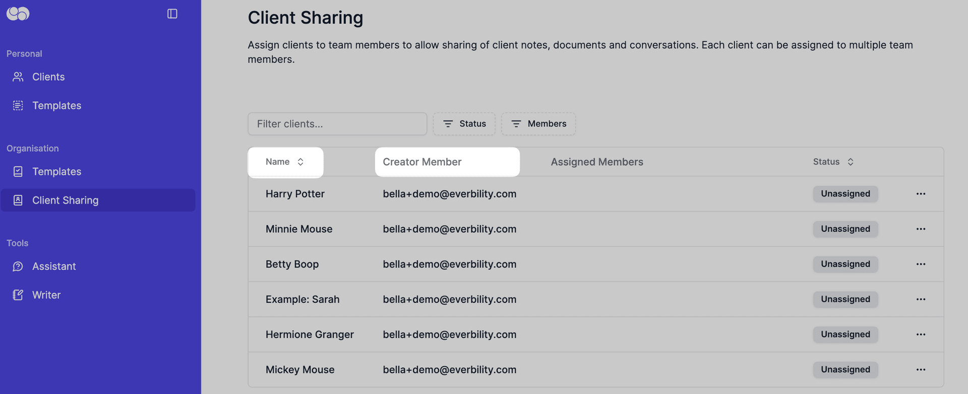 client sharing list