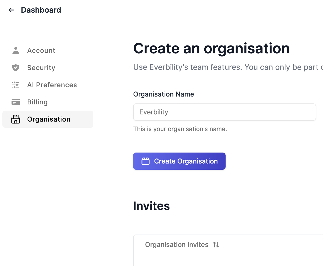 create organisation