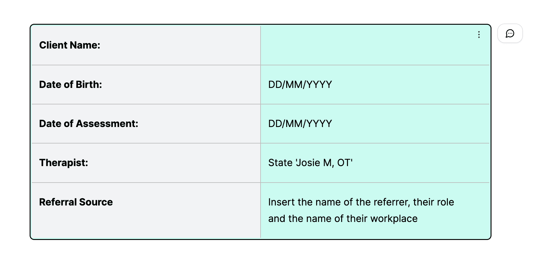 filled in client details in a table