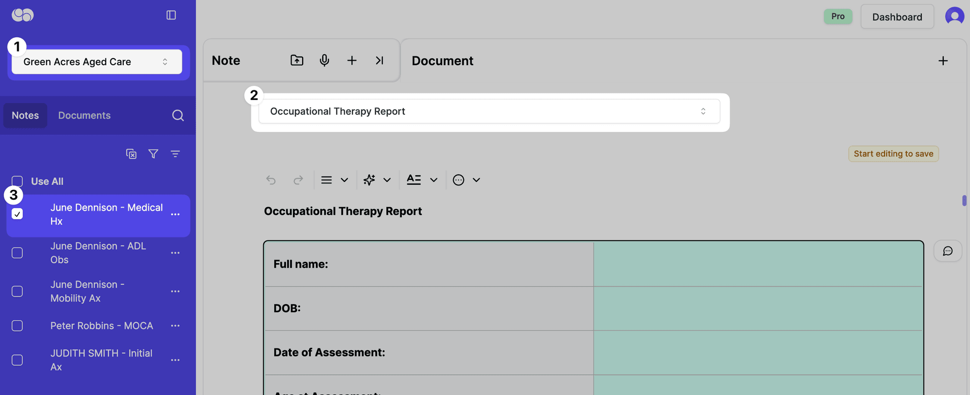 aged care ot report using one note