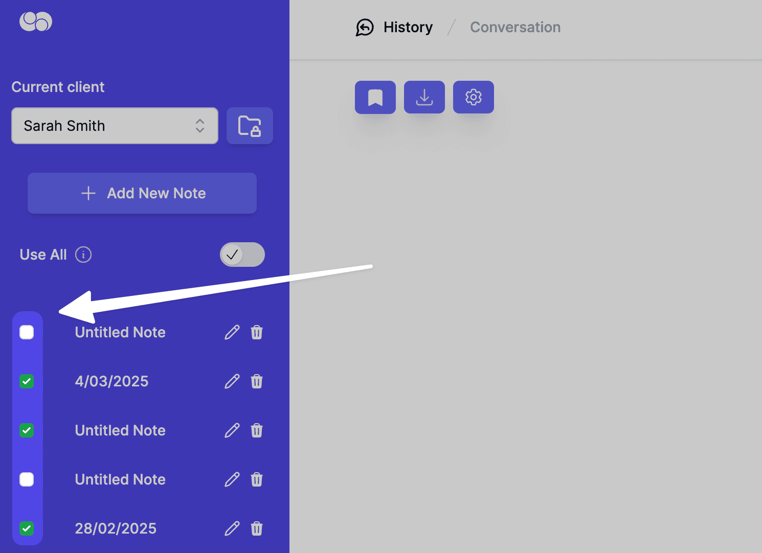 select notes in assitant